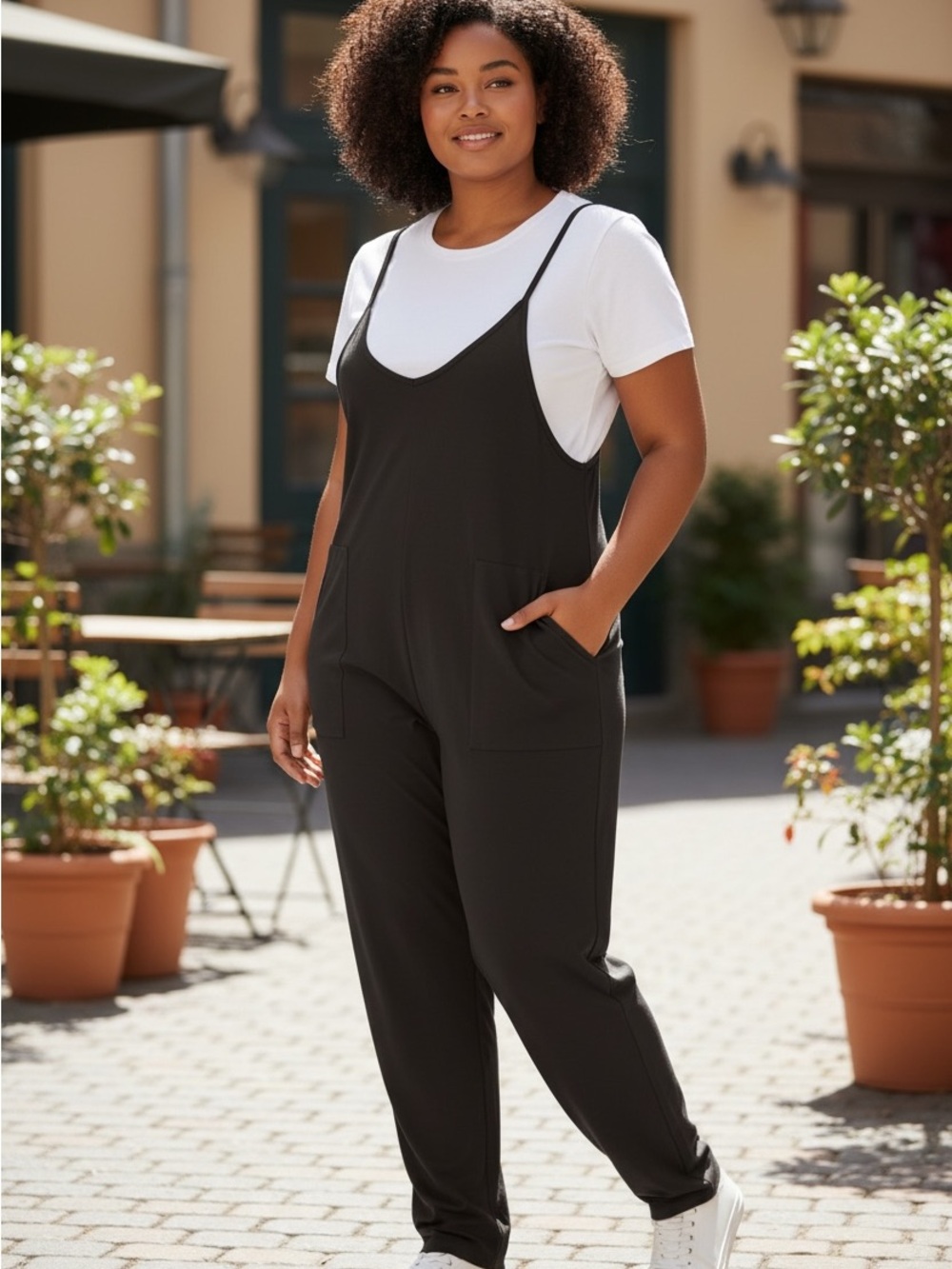 Oufeiya Women's Black Relaxed-Strap Jumpsuit‎ with Front Pockets Size 8 Large